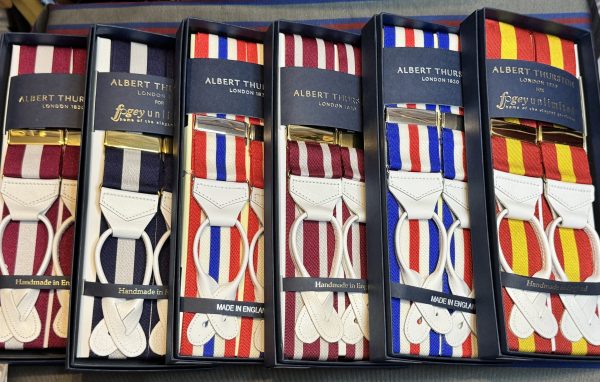 Albert Thurston Braces/Suspenders Woven Barathea Stripes and Patterns. White Runners