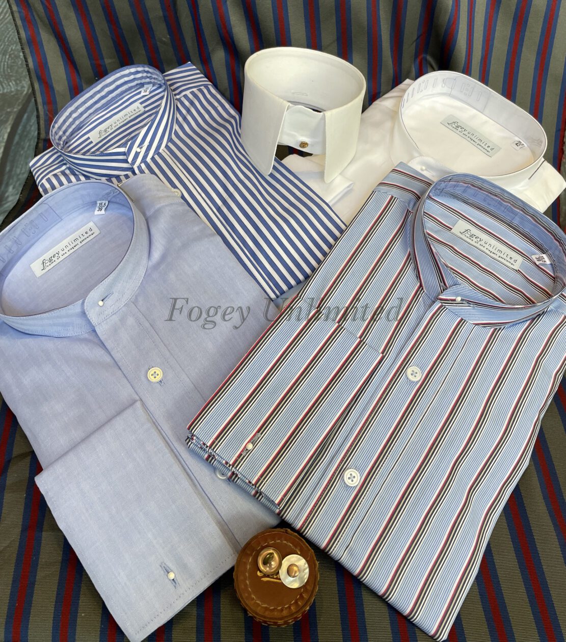 Exclusive to Fogey Unlimited: The Stiff Collar Shirt Starter Pack. A Shirt, a Stiff Collar and Collar studs