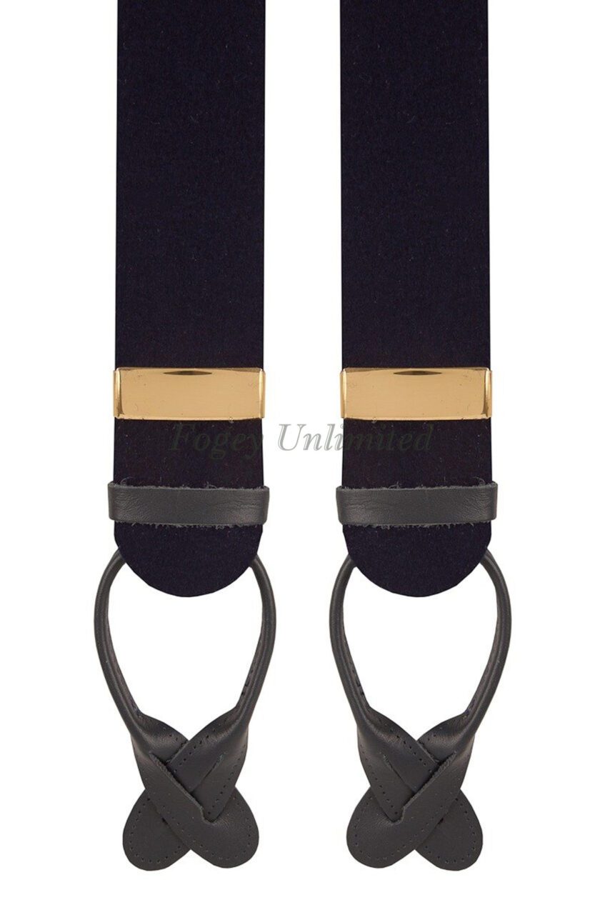 Albert Thurston Traditional Boxcloth Braces (Suspenders) Navy with Black Leather Runners
