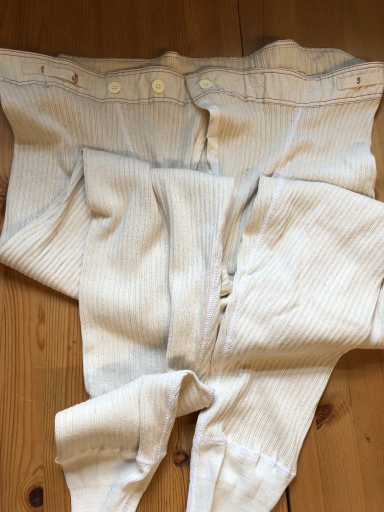 VINTAGE Military issue Long Johns w/ Brace Tapes. button front and adjustable. Cream/Natural