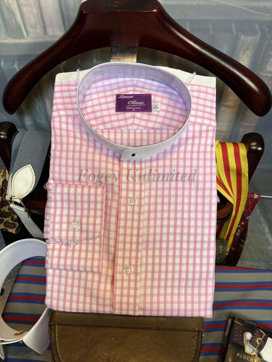 Traditional Collarband Tunic style  Shirt for your Stiff collar by Simon Oliver Pink Check