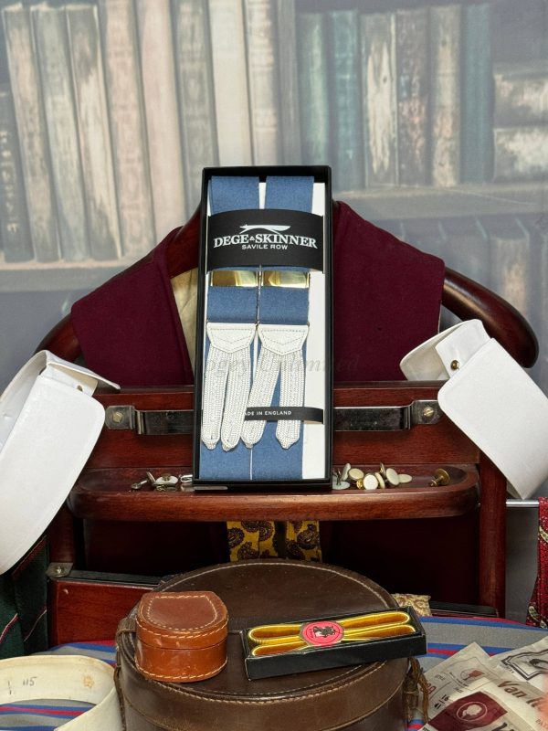 Albert Thurston Boxcloth Braces (Suspenders) for Dege & Skinner Saxe Blue with White Braid Runners Large