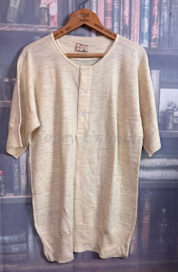 Vintage NOS Wolsey Heavyweight Wool 3 button Undershirt. Short Sleeve. Chest: 44" (WOL44)