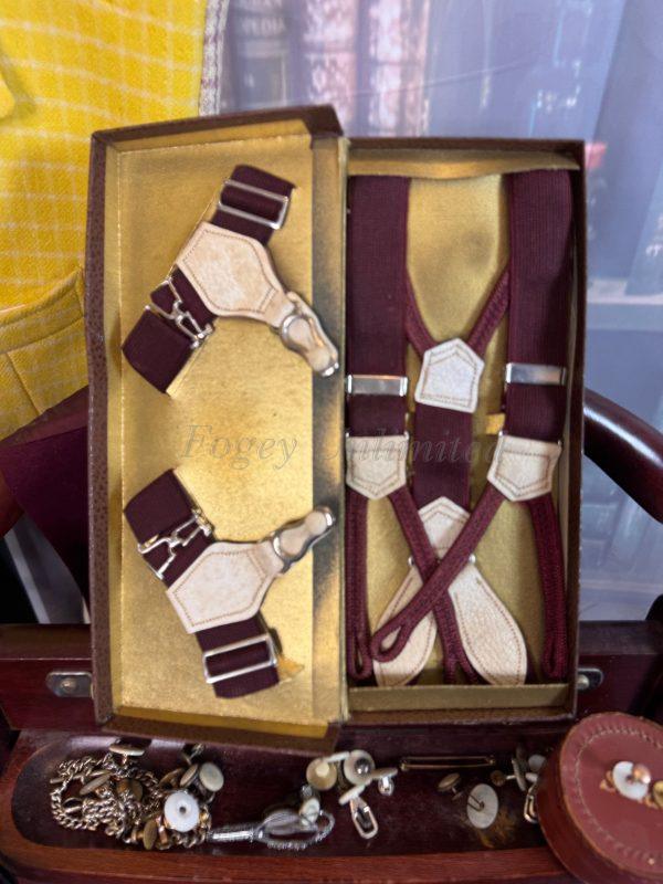 Vintage Gentleman's Accessory Set. Braces and matching Sock Suspenders. Ultra rare. Burgundy